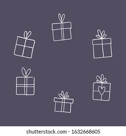 Valentine's day gift boxes, hand drawn illustration. Present packaging with ribbon doodles.