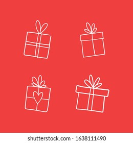 Valentine's day gift boxes, hand drawn illustration. Present packaging with ribbon doodles.