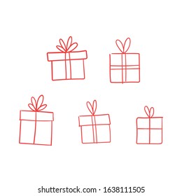 Valentine's day gift boxes, hand drawn illustration. Present packaging with ribbon doodles.