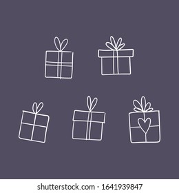Valentine's day gift boxes, hand drawn illustration. Present packaging with ribbon doodles.