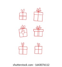 Cajas de regalo del día de San Valentín, ilustración dibujada a mano. Presente envase con doodles de cinta.
