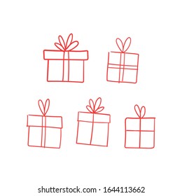Valentine's day gift boxes, hand drawn illustration. Present packaging with ribbon doodles.