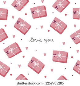 Valentine's Day gift boxes and lettering quote - love you. Hand drawn  seamless pattern with hearts