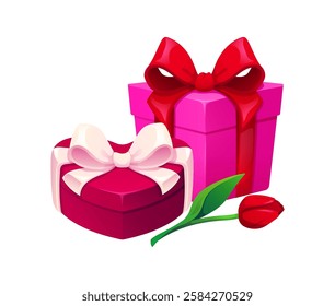 Valentines day gift boxes and a tulip flower. Cartoon pink and red present packages wrapped with bows, symbolizing love, romance, holiday celebration and special occasions like birthday or anniversary