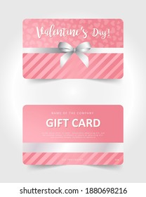 Valentines day gift card. Commercial discount coupon. Pink background with white lettering. Vector illustration.