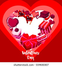 Valentines day gift card design. Cartoon low poly style. Vector illustration. Wreath with hearts, sweets, gifts, boxes, valentines stuff.