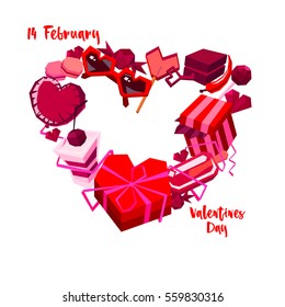 Valentines day gift card design. Cartoon low poly style. Vector illustration. Wreath with hearts, sweets, gifts, boxes, valentines stuff.