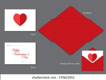 Valentine's Day gift card with folded red heart and envelope template