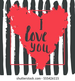 Valentines day gift card with heart and lettering love. Calligraphy, hand drawn design elements for print, poster, invitation.