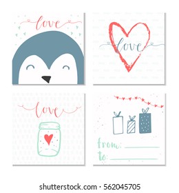 Valentines day gift card with heart and lettering love. Calligraphy, hand drawn design elements for print, poster, invitation.