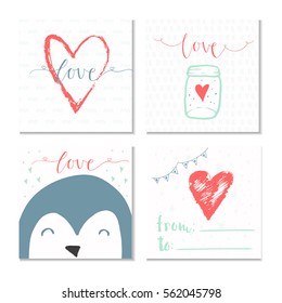 Valentines day gift card with heart and lettering love. Calligraphy, hand drawn design elements for print, poster, invitation.