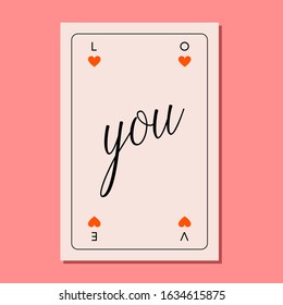 Valentines day gift card. Play card on pink background with romantic inscription Love you. Love letter. Minimalistic elegant style. Vector illustration