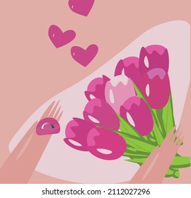 valentine's day gift card. simple vector image of a bouquet of tulips and a ring in hands.