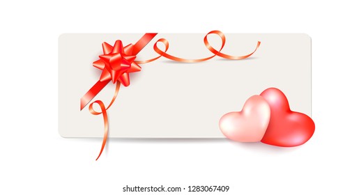 Valentine's day gift card with two hearts, red bow and ribbon isolated on white background. Template design for birthday, greeting card, wedding, invitation, coupon or certificate. Place for text
