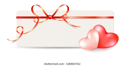 Valentine's day gift card with two hearts, red bow and ribbon. Template design for birthday, wedding, invitation, sale banners, posters, coupon or certificate. Place for text