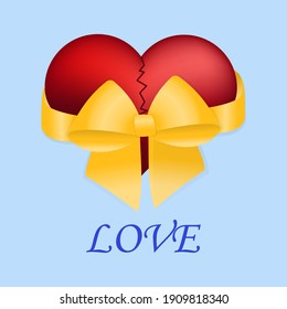 Valentine's Day Gift Card. Two halves of a heart united by love tied with a ribbon and a bow on a blue background with the inscription love. Vector illustration. Love makes us one.