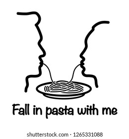 Valentine's day gift card. Vector graphics black and white illustration. Silhouette of a man and women face eating spaghetti pasta together on the flat white background. text at the bottom