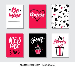 Valentines day gift card vector set. Hand drawn printable templates with lettering, texture, love quotes. Modern style black, white, pink holiday label. Cute romantic sticker, tag with doodle drawing