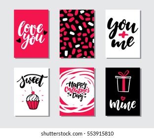 Valentines day gift card vector set. Hand drawn printable templates with lettering, texture, love quotes. Modern style black, white, pink holiday label. Cute romantic sticker, tag with doodle drawing