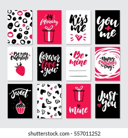 Valentines day gift card vector set. Hand drawn printable templates with lettering, texture, love quotes. Modern style black, white, pink holiday label. Cute romantic sticker, tag with doodle drawing