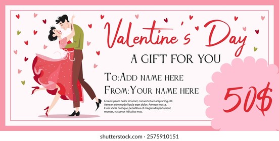 A Valentine's day gift certificate with a couple in love. A flat-style gift certificate template with pink and red hearts.