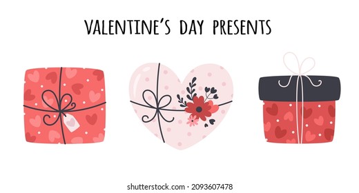 Valentine's Day gift collection. Present boxes with hearts and flowers. Vector illustration