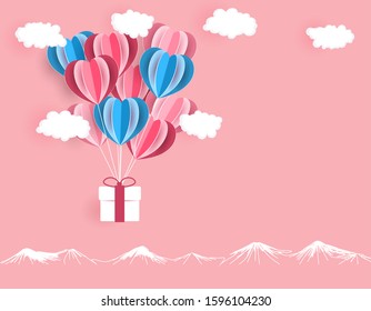 Valentine's Day. The gift is delivered on balloons cut out of paper on a pink background. Vector illustration