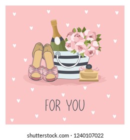 Valentine's day gift or greeting cards, simple flat style with romantic elements. Vector illustration.
