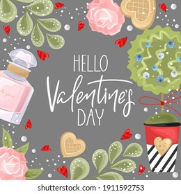 Valentine's day gift or greeting cards, simple flat style with romantic elements. Vector illustration. 
Template for Invitation, greetings, congratulations, posters.
