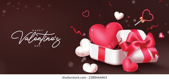 Diseño vectorial de corazón de regalo de San Valentín. Feliz día de San Valentín texto de saludo con sorpresiva caja de regalo y elementos de globos cardíacos decoración. Tarjeta de invitación del día del corazón de la ilustración del vector. 
