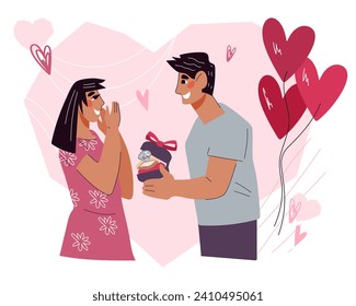 Valentine's Day gift or marriage proposal banner with a man asking a woman to marry him and giving her an engagement ring, flat vector illustration isolated on a white background.