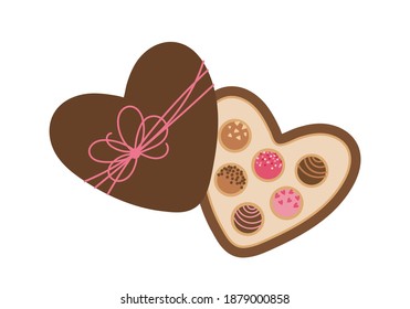 Valentine's day gift. Open heart shaped box with chocolates and pink ribbon bow. Valentine's day vector illustration. 