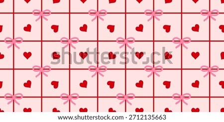Valentines day gift seamless pattern with red hearts, pink bows, and soft pink grid background for romantic themes and decoration. Vector illustration