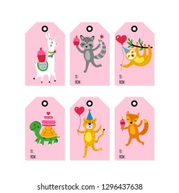 Valentine's day gift tag set with cute animals: llama, sloth, fox, raccoon, tiger and turtle  Childish print