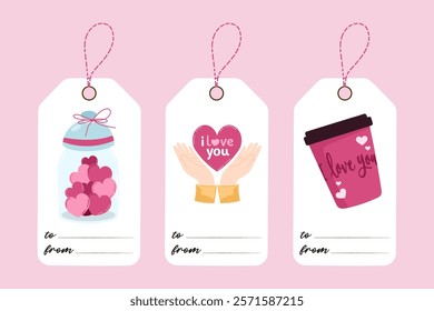 Valentine's day gift tag set with heart jar, hands holding heart, coffee cup with I love you lettering on pink isolated background. Cute love romantic mood concept. For holiday gift decor.