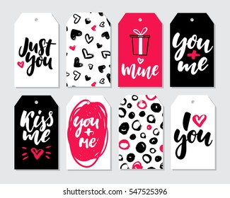 Valentines day gift tag vector set. Collection of hand drawn printable card templates with lettering, texture and love quotes. Modern style black, white and pink holiday label. Cute romantic badges
