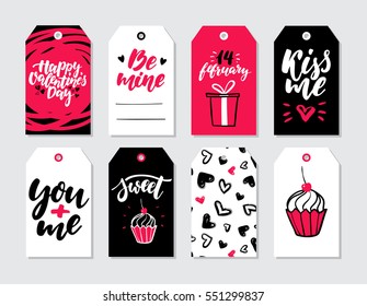 Valentines day gift tag vector set. Collection of hand drawn printable card templates with lettering, texture, love quotes. Modern black, white, pink holiday label. Cute romantic badges with drawing