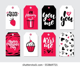 Valentines day gift tag vector set. Collection of hand drawn printable card templates with lettering, texture, love quotes. Modern black, white, pink holiday label. Cute romantic badges with drawing