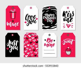 Valentines day gift tag vector set. Collection of hand drawn printable card templates with lettering, texture, love quotes. Modern black, white, pink holiday label. Cute romantic badges with drawing