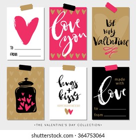 Valentines day gift tags and cards with calligraphy. Hand drawn design elements. Handwritten modern lettering.