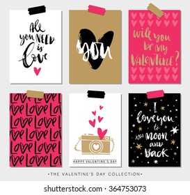 Valentines day gift tags and cards with calligraphy. Hand drawn design elements. Handwritten modern lettering.