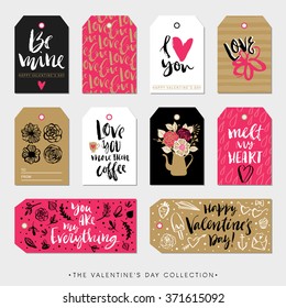 Valentines day gift tags and cards. Calligraphy and hand drawn design elements. Handwritten modern lettering.