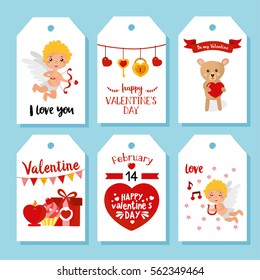Valentine's Day gift tags and cards. Cute illustration with teddy bear, cupid angels and gifts. Calligraphy and hand drawn lettering.