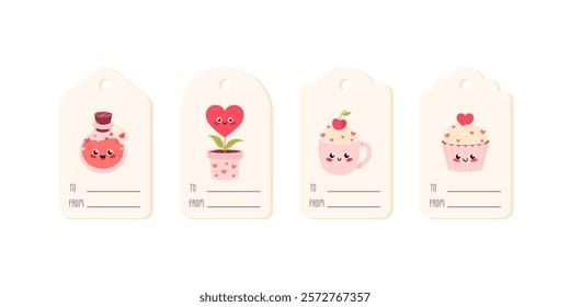 Valentines Day gift tags with cute cupcake, cup, heart, love potion. Valentines Day labels for gift decor, greeting cards.  Love romantic concept