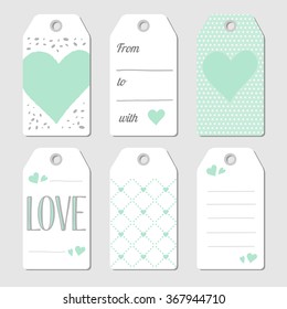 Valentines Day gift  tags with hearts and love. Vector illustration. Mint green and gray colors.