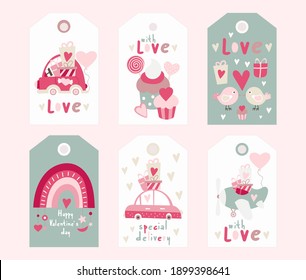 Valentines day gift tags with love quotes, romantic elements and cute love bug. Vector illustration. Hang tag is great for packaging gifts.