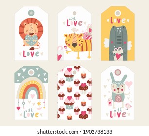 Valentines day gift tags with love quotes, romantic elements and cute woodland animals. Vector illustration. Hang tag is great for packaging gifts.