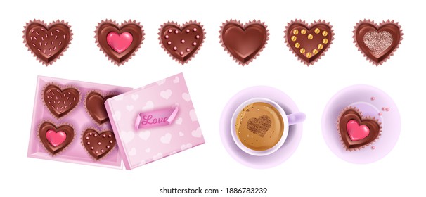 Valentines Day gift vector chocolate dessert collection with heart candies, opened box, coffee cup. Holiday romantic breakfast greeting sweet set with latte. Valentines Day morning dessert flat lay