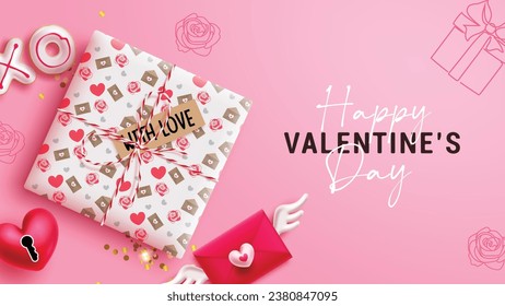 Diseño vectorial de regalo de San Valentín. Feliz día de San Valentín, texto de bienvenida con sorpresiva caja de regalo para el romántico fondo del día del corazón. Ilustración vectorial diseño de tarjeta de invitación valentina.
