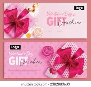 Valentine's day gift voucher card vector set. Happy valentine's day gift voucher certificate with git boxes and flowers elements for shopping vouchers collection. Vector illustration hearts day.